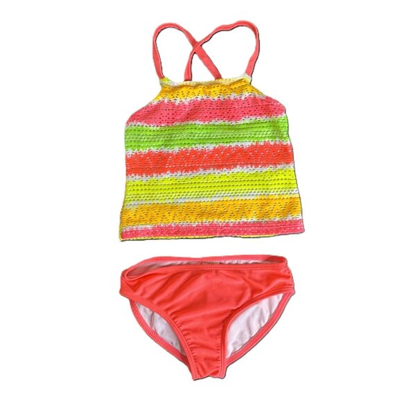 OP Girl's 2-Piece Crochet Top Cross-Back Pink Striped Bikini, Size XS (4-5) - Picture 1 of 3